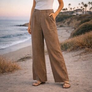 Reformation Mason Pants Women 10 Tan $188 100% Linen High Rise Wide Leg